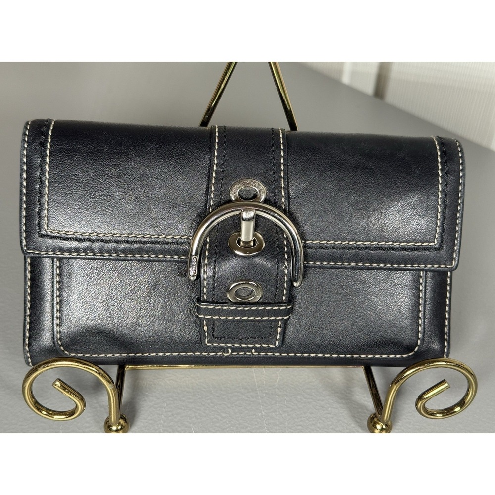 Vintage Coach Soho Black Leather Buckle Trifold Wallet Checkbook Cover Y2K EUC